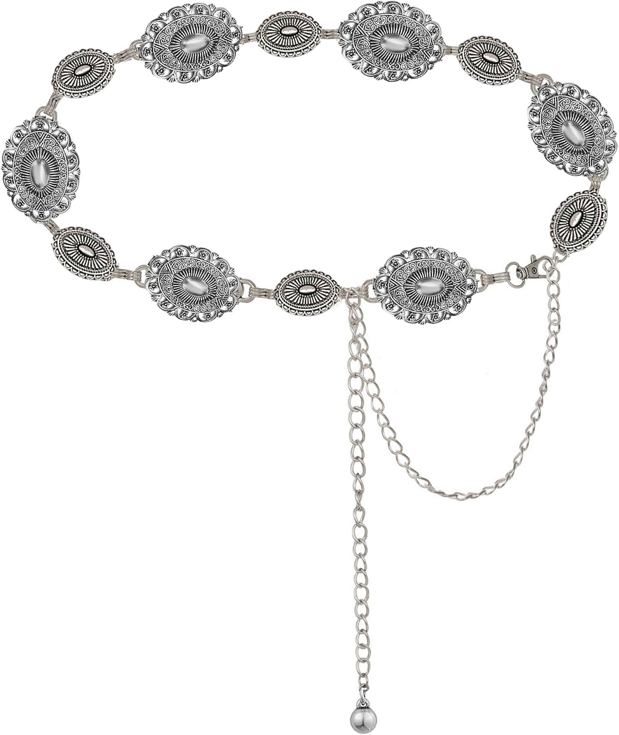 WAYLIT Western-Concho-Belt-Women Cowgirl-Metal-Belts Boho Silver Vintage Turquoise Chain Belt for Dress Jeans