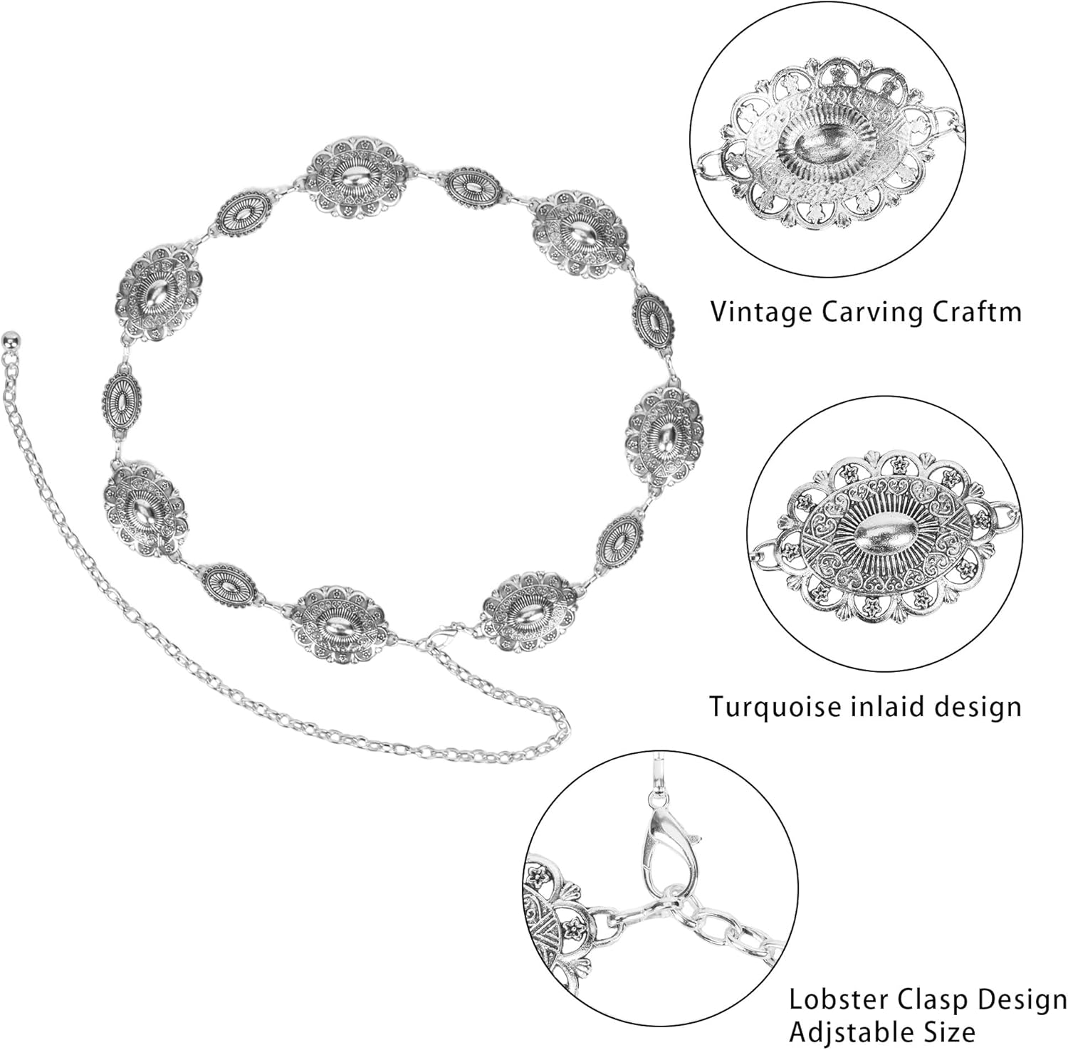 WAYLIT Western-Concho-Belt-Women Cowgirl-Metal-Belts Boho Silver Vintage Turquoise Chain Belt for Dress Jeans - Image 2