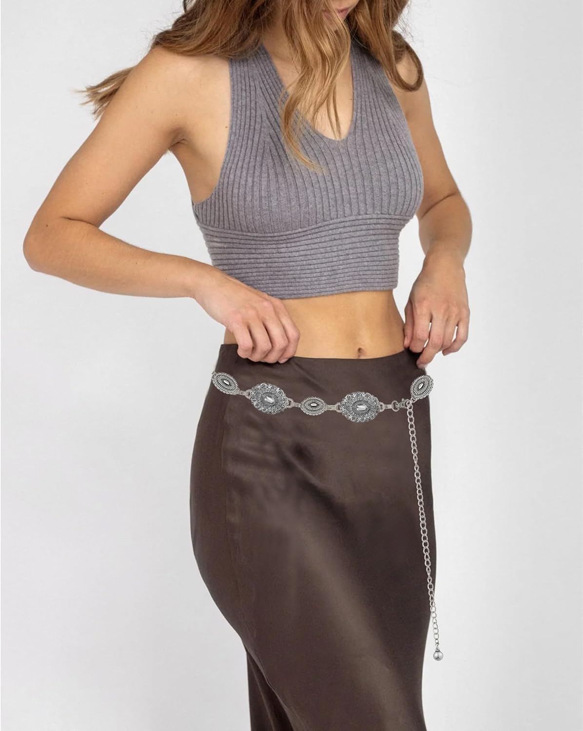 WAYLIT Western-Concho-Belt-Women Cowgirl-Metal-Belts Boho Silver Vintage Turquoise Chain Belt for Dress Jeans - Image 5